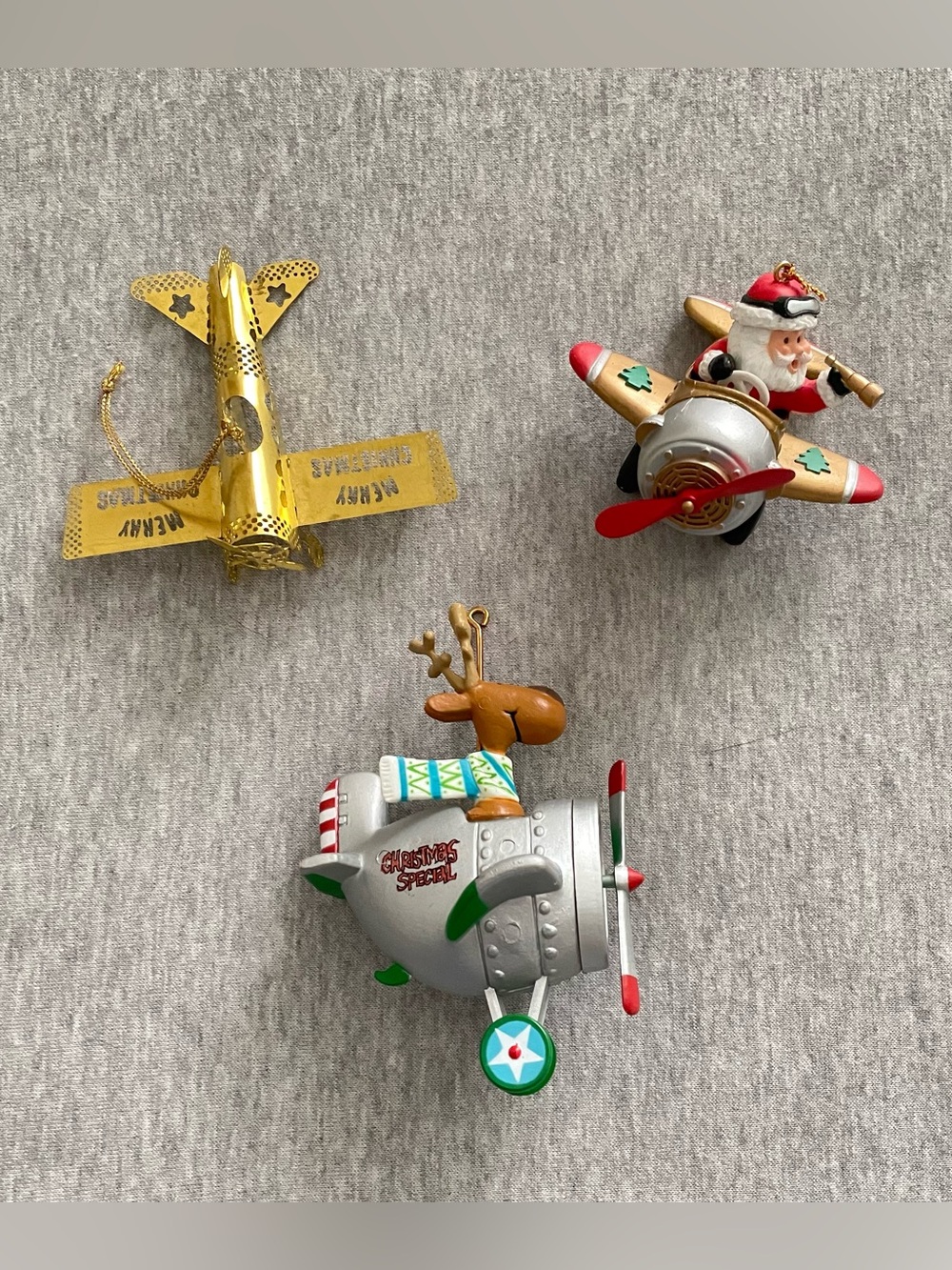Christmas Airplane Ornament Lot of 3 Gold, Silver, Red Holiday/Christmas Ornamen